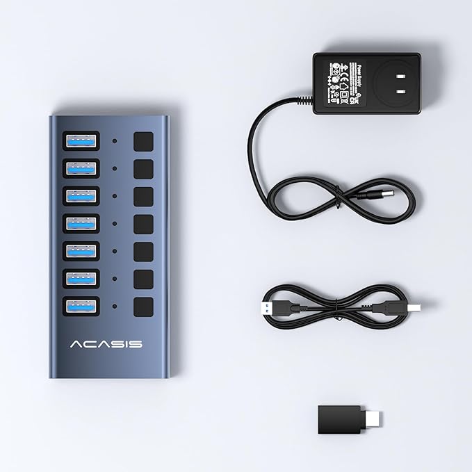 Powered USB 3.2 Hub, ACASIS 7 Ports USB 3.2 Hub with 10Gbps Data Speed, Aluminum Housing, USB Hub Powered with 24W Power Adapter, USB Hub for PC/Laptop, Computer, Flash Drive, Printer, Camera