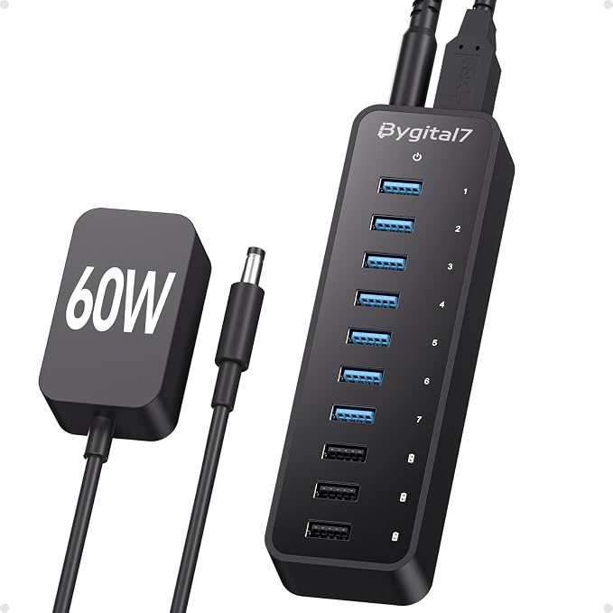 60W Powered USB 3.0 Hub 10-Port, 7 USB 3.0 Data Ports (5Gbps) + 3 Smart Charging Ports (BC1.2 2.4A), 60W Power Adapter Desktop USB Splitter for Laptop, PC, Mac, Mobile, HDD