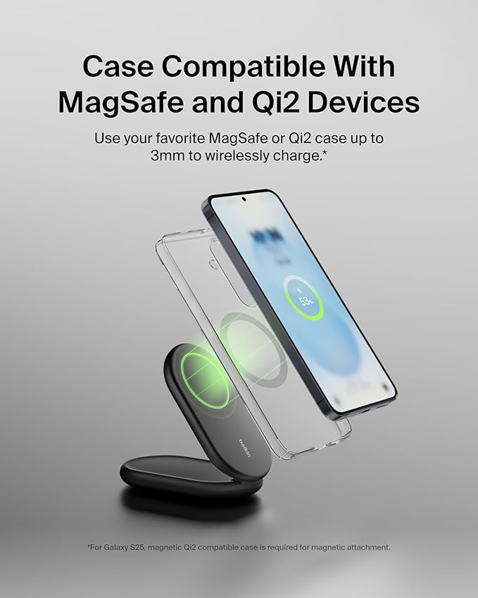 Belkin Magnetic Foldable Wireless Charging Stand 15W - MagSafe-Compatible Qi2-Certified Charger, Wireless Charging Stand for iPhone 16, Galaxy S25, & More - Standby Mode Ready w/PSU Included - Black