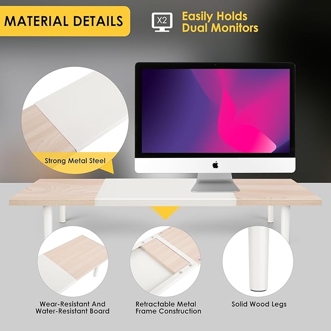 Dual-Monitor-Stand-Riser-For-Desk Adjustable Length 32-40 Inch，Large Desktop Computer Monitor Riser For 2 Screens，Desk Shelf Organizer Riser Stand For Computer/Laptop/PC/Printer/TV Black