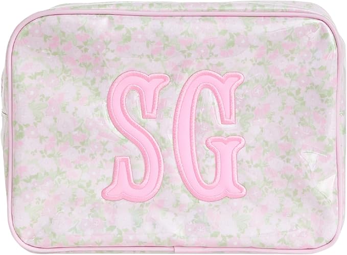 Personalized Clear Coated Pouch - Medium or Large Toiletry Bag with Embroidered or Applique Monogram, Custom Makeup or Travel Organizer, Easy-Clean Cosmetic Bag, Travel Gift for Women (Peony, XL)