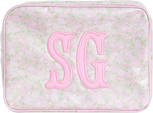 Personalized Clear Coated Pouch - Medium or Large Toiletry Bag with Embroidered or Applique Monogram, Custom Makeup or Travel Organizer, Easy-Clean Cosmetic Bag, Travel Gift for Women (Peony, XL)