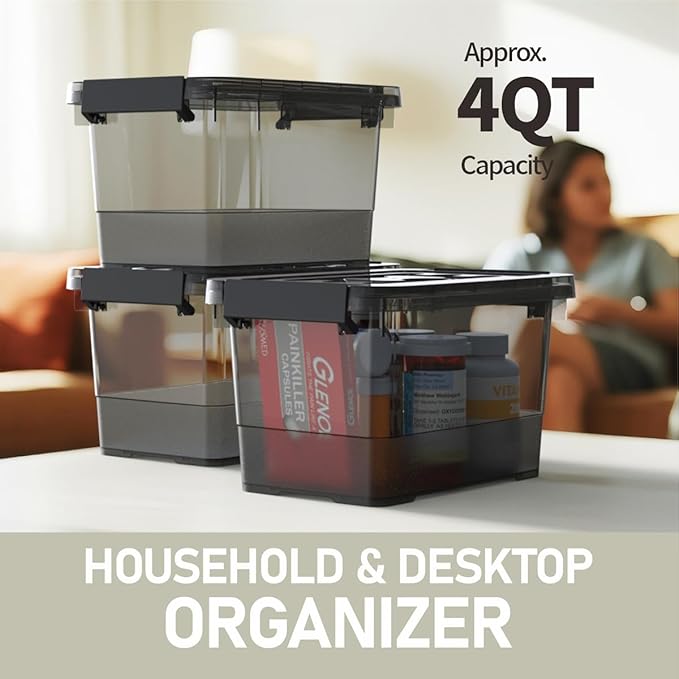 Black Plastic Storage Latch Bins, 8 Pack Clear Plastic Handle Box with Lids and Handle, Multi-Purpose, 4 Quart