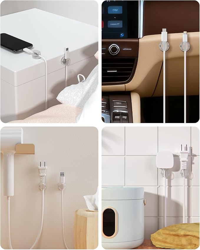 Rotatable Cord Organizer, Snap-Lock Cable Clips Phone Charger Cord Holder, 8 Pack Desk Cable Management, Adhesive Wire Organizer for Nightstand/Car/Kitchen/Office Accessories/Room Decor, Clear
