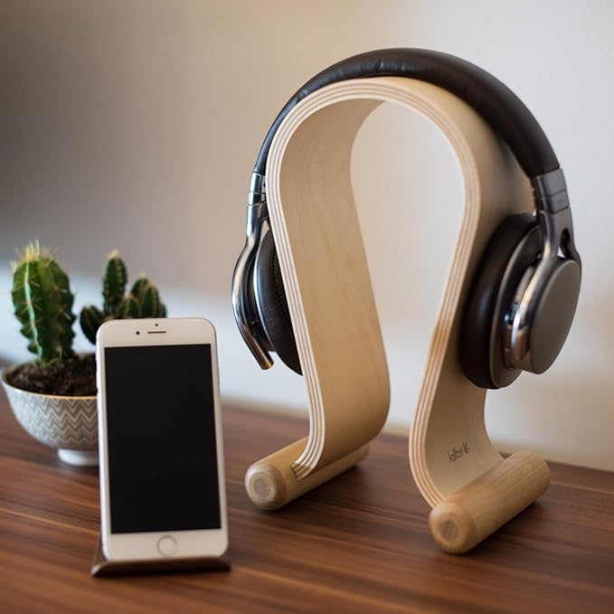 kalibri Wooden Omega Headphone Stand - Universal Headset Wood Hanger - Holder for Gaming Headsets DJ Studio Headphones & Earphone Display - Walnut