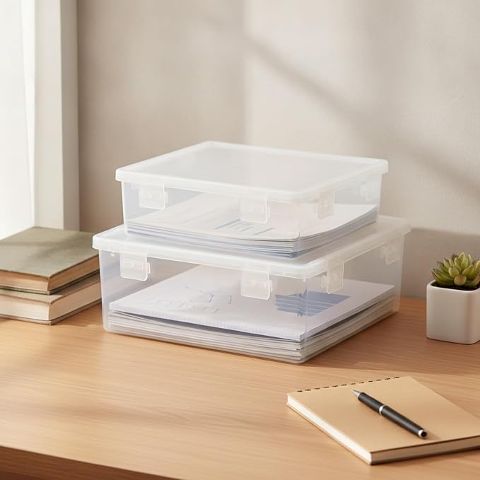 A4 Document Storage Box with Lid, Clear PP Plastic File Organizer for Desk and Drawer, Stackable Paper Container (1 PC)