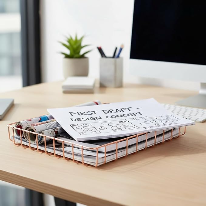 Rose Gold File Organizer for Desk Letter Size Desk Paper Organizer Trays Large Capacity Metal File Organizer Paper Tray Wire Basket Bins for Office Desktop,12.5" x 9.4" x 1.9"