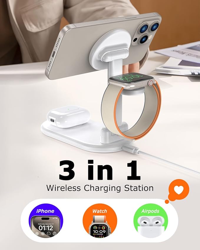 Magnetic Wireless Charger Mag-Safe 3 in 1 Charging Station,15W Max Foldable Wireless Charging Stand for iPhone 17/16/15/14/13/12, Fast Travel Charger for Multiple Devices iWatch Airpods (White)
