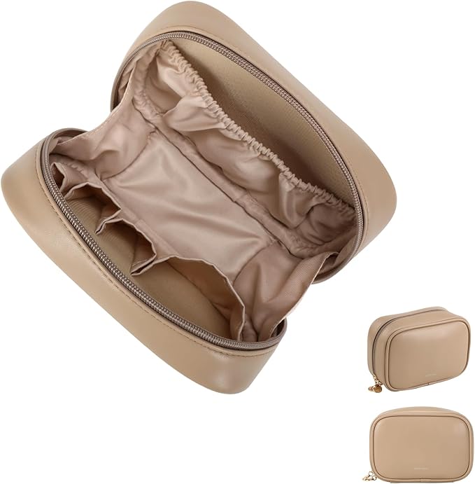 RIGHT AWAY Small Makeup Bag for Purse,Travel Cosmetic Bag Organizer for Women,Cute Make Up Pouch Waterproof Toiletry Bag with Zipper,Portable Makeup Case Skincare Bag for Travel Accessories(Khaki)