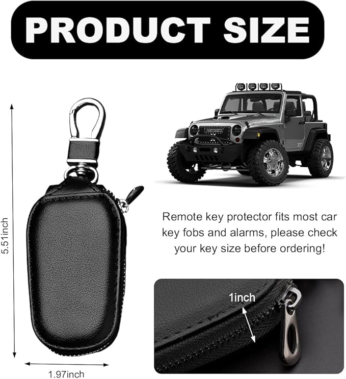 Wevdn Car Key Case, Genuine Leather Auto Smart Key Fob Holder with Metal Hook, Anti Scratch Automotive Key Protector Key Chain Zipper Bag for Remote Key Fob, Car Accessories (Black)