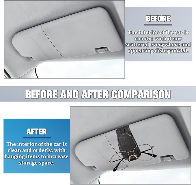 Sunglass Holder for Car Visor, Magnetic Leather Vehicle Sun Visor Storage Clip for Different Size Eyeglasses, Automotive Interior Glasses Ticket Card Clip, Universal for SUV RV Truck (Black)