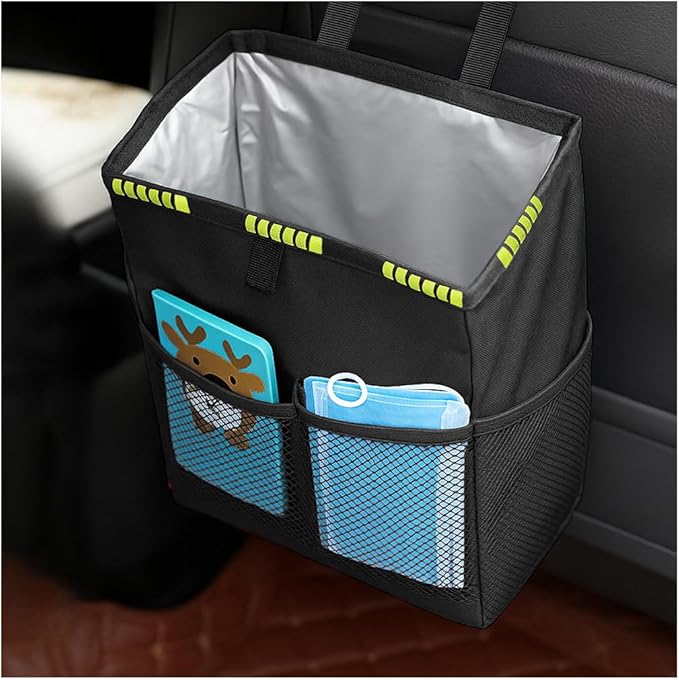 Car Trash Bag, Leak-Proof Large Capacity 3.4 Gallons Hanging Vehicle Trash Bin with Storage Pocket, Multipurpose Portable Auto Garbage Bag for Travel, UniversalFit (Black/Green)