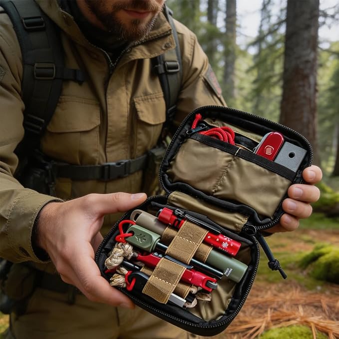 ROARING FIRE Brigos Men's Tactical Everyday Carry Gear Pouch - Waterproof Nylon Construction with RFID-Blocking Pocket, 3 Zippered Pockets and 5 Slip Pockets (American Flag Edition)