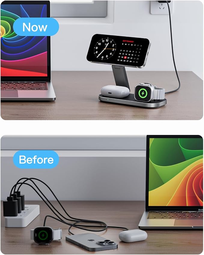 Keepro 3-in-1 Charging Station for Apple Device, Foldable Magnetic Wireless Fast Charger Stand Compatible with MagSafe for iPhone 17e/17/16/15/14/13/12/Air Series, Apple Watch & AirPods-Black