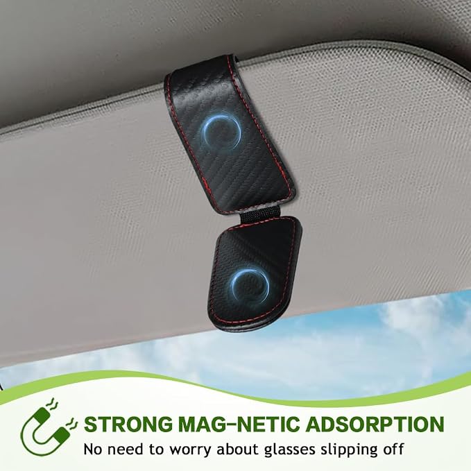 Sunglass Holder for Car, Sunglasses Clip for Car Visor, Magnetic Leather Vehicle Eyeglass Hanger Clip, Auto Ticket Card Glasses Organizer Clamp Accessories for SUV Sedan (Carbon Fiber)