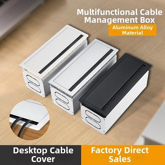 Aluminum Alloy Cable Management Box with Dustproof Brush, Silent Buffered Flip Lid Desk Wire Organizer, Embedded Mounting Desktop Cord Hider, Silver(black)