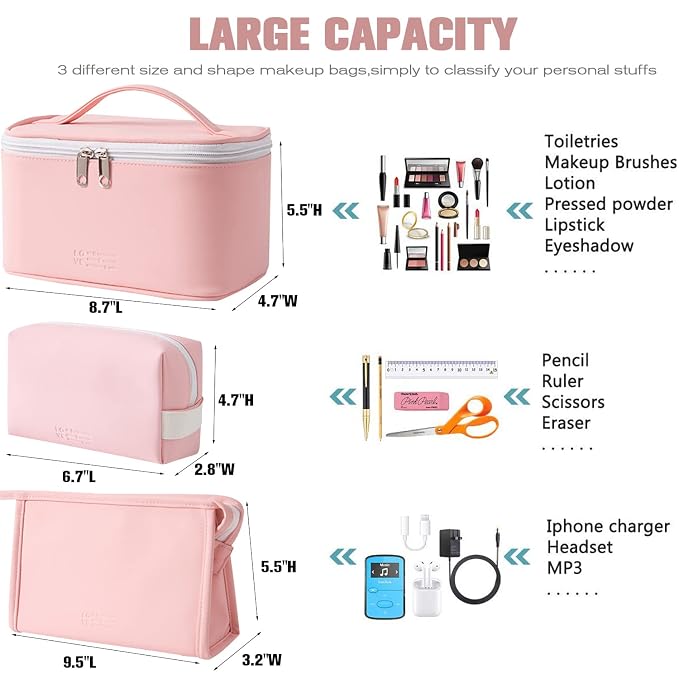 3 Pack Makeup Bag Sets Travel Large Toiletry Bag Portable Cosmetic Zipper Pouch with Brush Organizer Waterproof Small Storage Case for Women and Girls,Light Pink