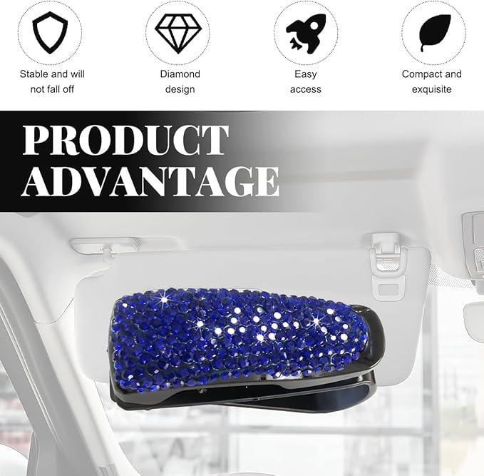 Wevdn 2 PCS Car Sun Visor Glasses Holder, Fashion Bling Car Eyeglasses Sunglasses Hanger for Women Girls, Glasses Holder Clip Hanger Mount with Ticket Card Clip, Car Accessories (Dark Blue)