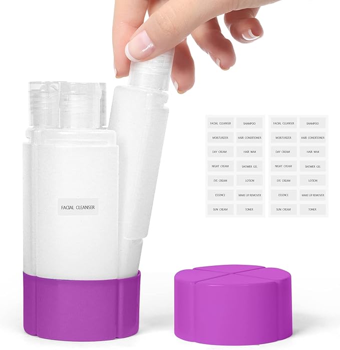 Olatay Travel Bottle, TSA approved 4-in-1 Leak-Proof Bottle, 4 * 60ml/2oz, with 2 Pre-printed Labels for Travel Gym Camping, Carry-On Travel Size Toiletries Shampoo Lotion Bottle for Women Men(Purple)
