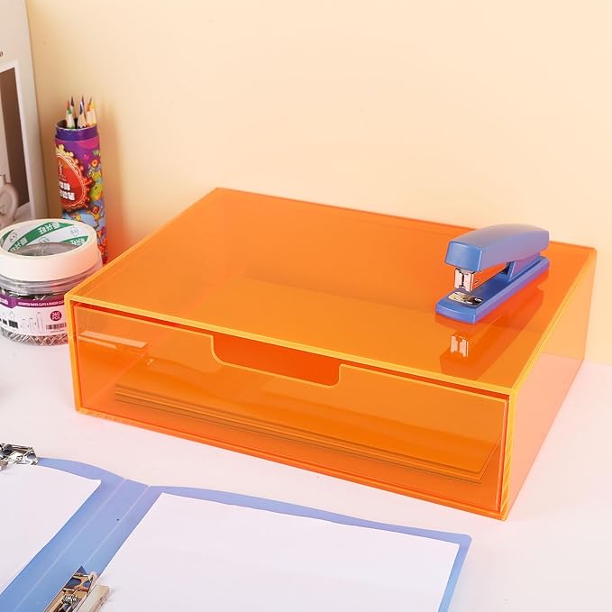 Gelite Acrylic Desk Organizer with Drawer for Makeup Vanity Stackable Desktop Storage Box for Office Supplies, 13.8 x 9.8 x 3.9’’, Neon Orange