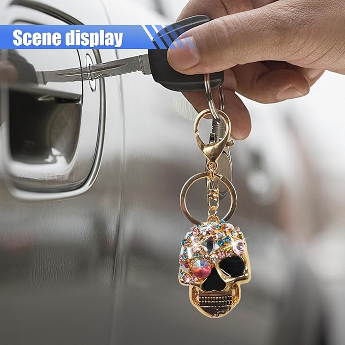 Bling Skull Car Keychain, Funny Metal Auto Key Ring Organizer, Driver Key Fob Holder Present for Men Women (Gold)