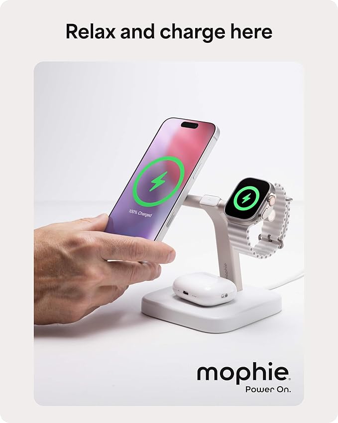 Mophie 3-in-1 Wireless Charging Stand - Qi2-Certified, MagSafe Charger for iPhone, Apple Watch & AirPods – Fast Charging Station with Adjustable Phone Stand & Cable Management – Up to 15W Power, White