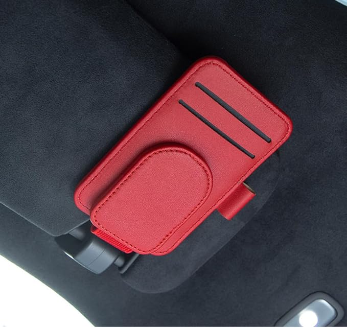 BoAn Sunglass Holder for Car Sun Visor,Magnetic Leather Sunglasses Holder,Auto Visor Accessories,Eyeglasses Holder(Red)