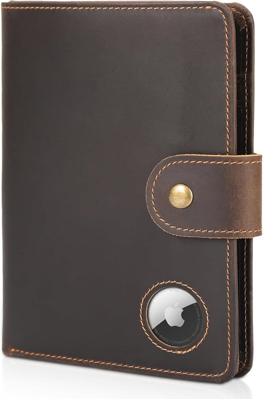Polare Luxury RFID Blocking Leather Passport Holder Travel Wallet For Men and Women (Dark Brown with AirTag Slot(Snap Version))