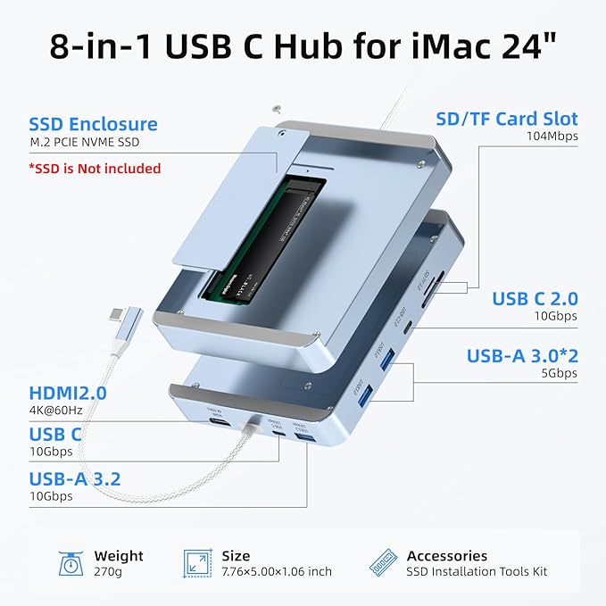 USB C Hub for iMac 24 inch 2021/2023/2024, 8 in 1 iMac USB Hub with M.2 SSD Expansion (SSD Not Included)，with USB A/C 3.2 10Gbps, SD/TF, HDMI iMacM1 M3 M4 Dock Accessories