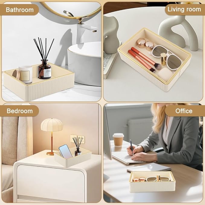 Desk Organizer Tray, Perfume Tray for Women Desk, PU Leather Valet Nightstand Organizer for Men Women, Decorative Vanity Holder for Bedroom