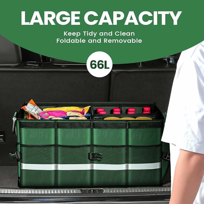WINHUNT Car Trunk Organizer, Car Storage Organizer with Waterproof Bag Collapsible Multi Compartment Organizer for Car, Suv, Sedan, Truck, Aluminium Handle (Green, Large 66L)