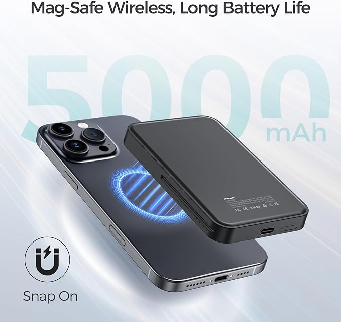 ANJANK 3 in 1 Foldable Wireless Charging Station for Travel, 5000mAh Removable Mag-Safe Power Bank, Portable Magnetic Charger Stand for iPhone 17 16 15 14 13 Pro Max Plus, Apple Watch Series, AirPods