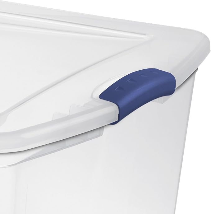 105 Qt. Plastic Storage Bin with Durable Lid, Stackable and Nestable Clear Tote Container Featuring Blue Buckles, Ideal for Organization and Storage Purposes (1-Pack)