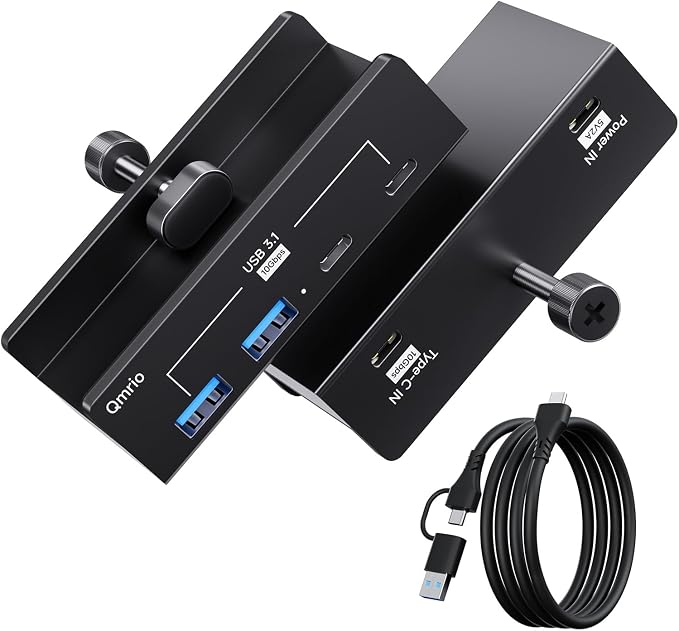 USB Hub 3.1, 10Gbps Clamp USB Hub with 2 USB-A Data Ports, 2 USB-C Port with Extra Power Supply Port (Black)