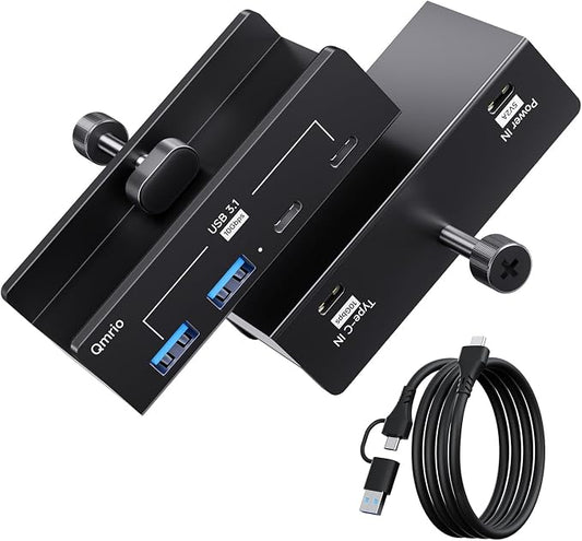 USB Hub 3.1, 10Gbps Clamp USB Hub with 2 USB-A Data Ports, 2 USB-C Port with Extra Power Supply Port (Black)