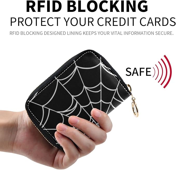 Spider Web RFID Credit Card Holder Wallets Accordion for Women Leather Zipper Card Case Accordion Wallet for Ladies Girls