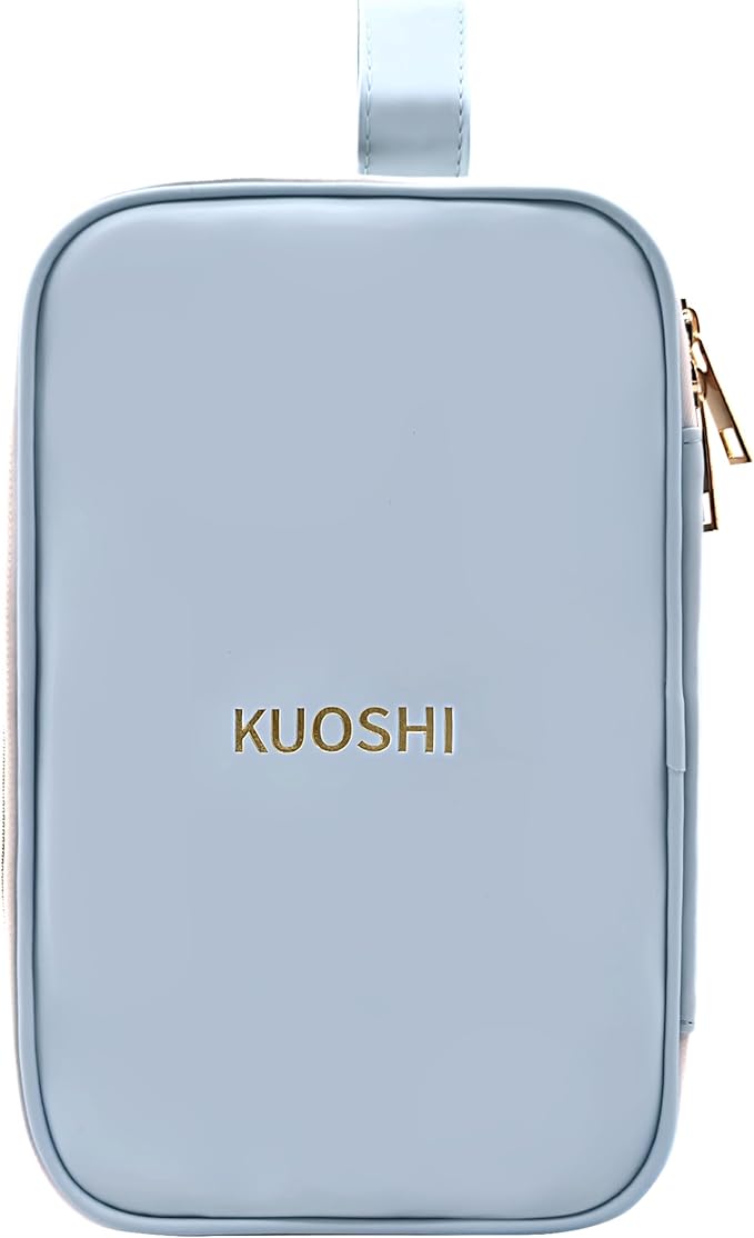 Travel Makeup Bag for Women, Large Capacity Waterproof Cosmetic Organizer with Divider & Handle, Portable Open Flat Toiletry Pouch for Travel Accessories (Blue)