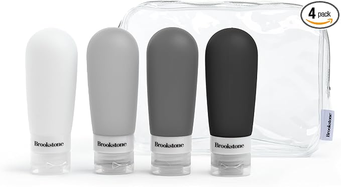 Brookstone Travel Bottles for Toiletries - 4 Pack 3.4 oz TSA Approved Leak Proof Refillable Silicone Travel Size Containers, Grey Black