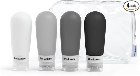 Brookstone Travel Bottles for Toiletries - 4 Pack 3.4 oz TSA Approved Leak Proof Refillable Silicone Travel Size Containers, Grey Black