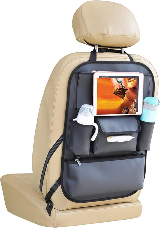 Viaviat Car Seat Organizers Waterproof Backseat Protector with Storage Pocket Large Leather Kick Mats for Kids Pets Automobile SUV Truck (Black, Large Pocket)