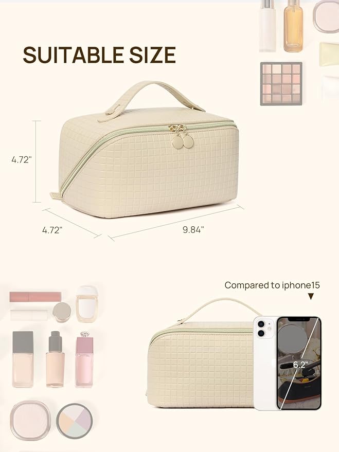 Telena Leather Make Up Bag Portable Travel Makeup Bag Waterproof Cosmetic Bags for Women Large Capacity With Handle and Divider Open Lay Flat