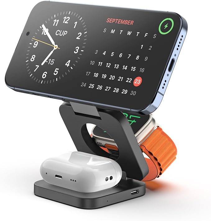 KU XIU Fast Wireless Charger, Magnetic Foldable 3 in 1 Charging Station for iPhone 16/15/14/13/12/Pro/Plus/Pro Max, 5W Portable Charger for Apple Watch9/8/7/6/5/4/3/SE, for Airpods3/2/Pro-Gray