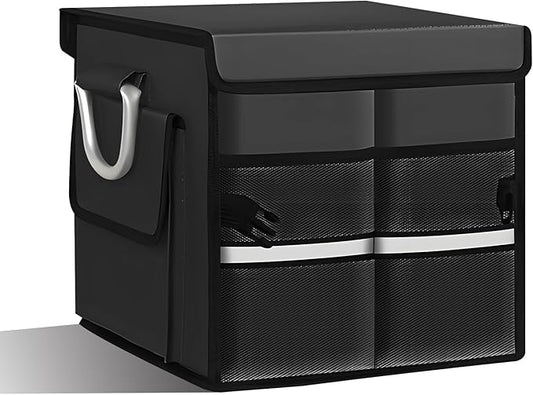 Car Trunk Organizer with Lid, 28L 2-Compartment Collapsible Trunk Cargo Storage Box, Waterproof Oxford Vehicle Backseat Storage Organizer with Base Plate & Metal Handle, Car Accessories (Black)