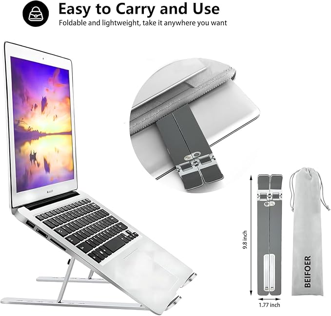 Portable Laptop Stand BEIFOER Foldable Laptop Stands for Desk, Adjustable Aluminum+Silicone Ergonomic Travel Laptop Riser, Ventilated Cooling MacBook Stand for All 10-18'' Notebook, Sliver