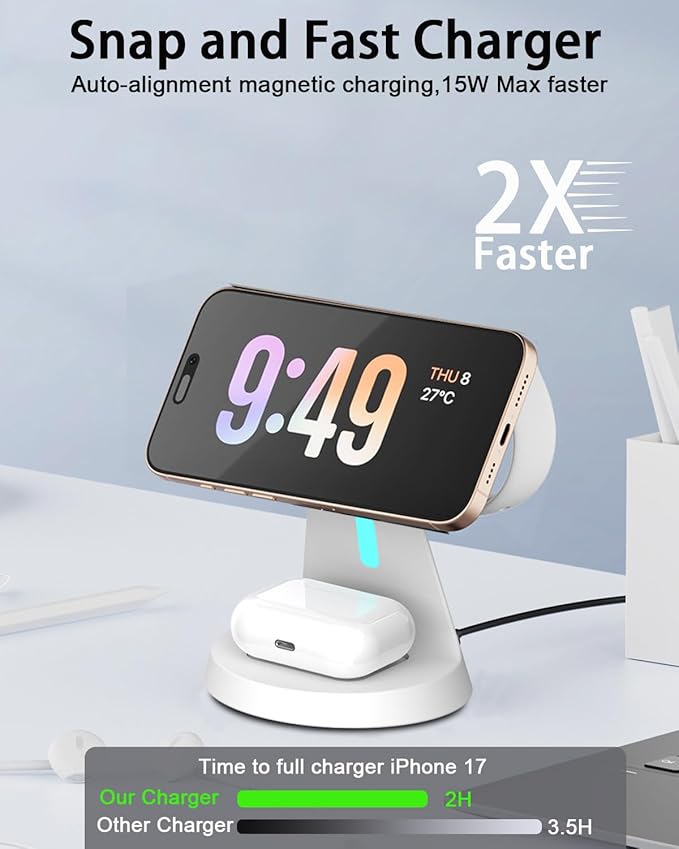 3 in 1 Wireless Charging Station for Apple Magsafe Charger Stand,Fast Magnetic Wireless Charger Station for iPhone 17 Air 16 15 14 13 12 Series,Airpods,Apple Watch