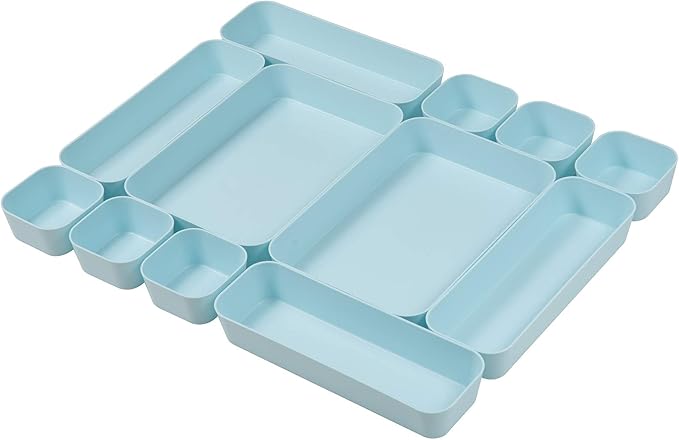 Backerysupply Set Of 12 Blue Color Plastic Desk Drawer Organizers For Makeup Bathroom Office Kitchen Vanity Drawer Storage Box Container
