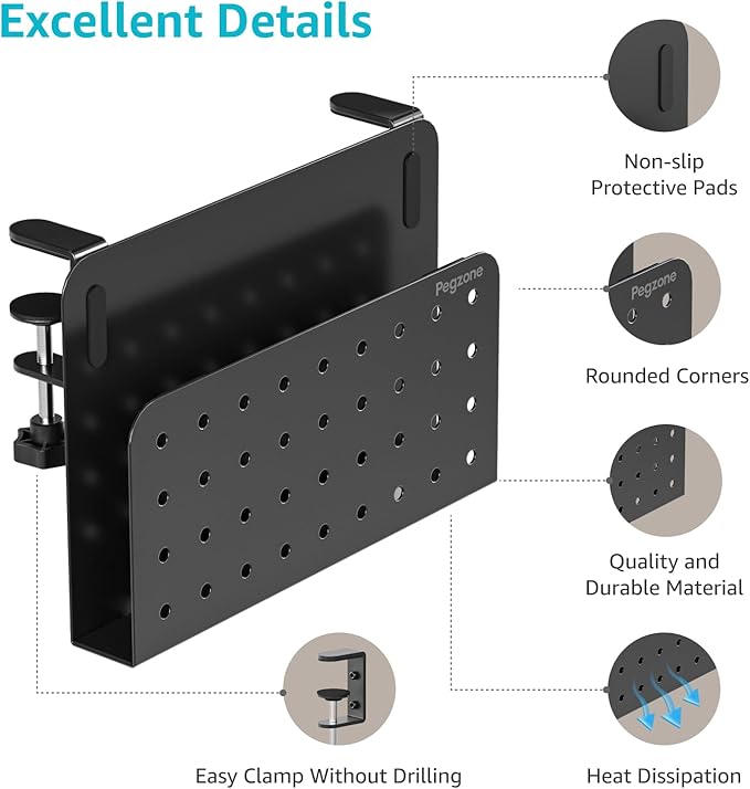 Desk Side Storage Organizer, No Drill Under Desk Laptop Holder, Clamp on Desks Shelf with Pegboard Accessories, Hanging Laptop Mount, Fits Flat Edge 0.4" to 2.2", Black