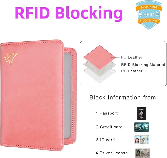 WALNEW AirTag Passport Holder, PU Leather Airtag Wallet RFID Blocking Passport Cover Travel Essentials Case for Women Men (Dark Pink)