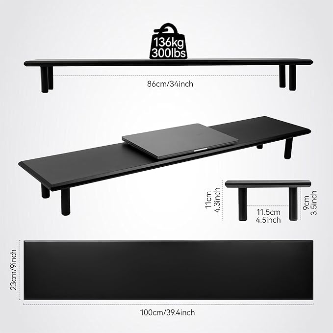 Bamboo Dual Monitor Stand Riser with Underneath Storage, Ergonomic Desk Shelf Supports PC Computer Monitor, Printer, TV for Home, Office, Black