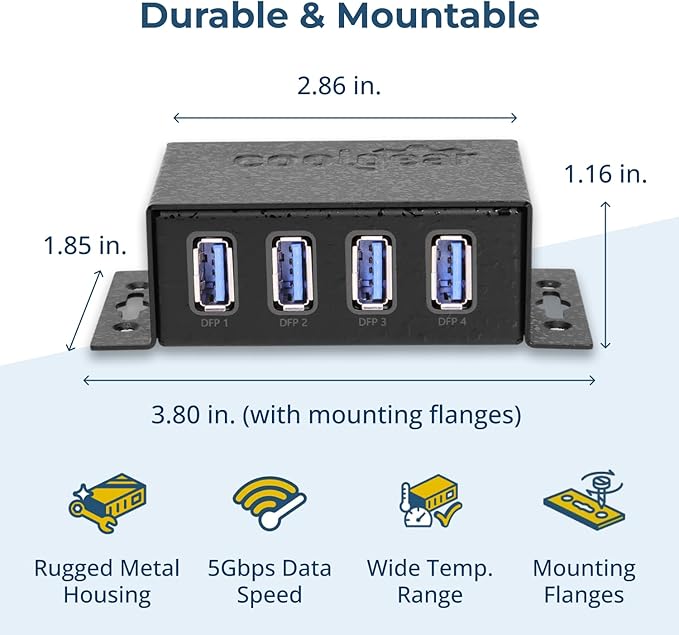 Coolgear 3.2 Gen 1 USB Hub - 4 Port USB Hub with 5Gbps Data Transfers, Mountable Metal Housing, 5V Power Adapter, ESD Surge Protection, Bus or Self Powered